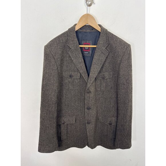 BUGATTI Brown Wool Herringbone Blazer Men’s 44L Patch Pockets Ticket Pocket Norf